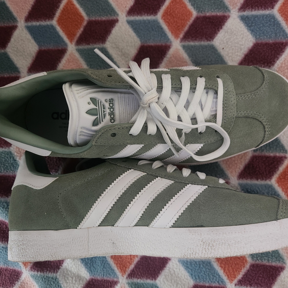 Adidas Sage and White Suede Sneakers